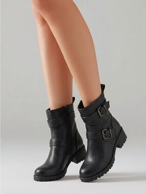 MIA Black Buckle Strap Ankle Boots